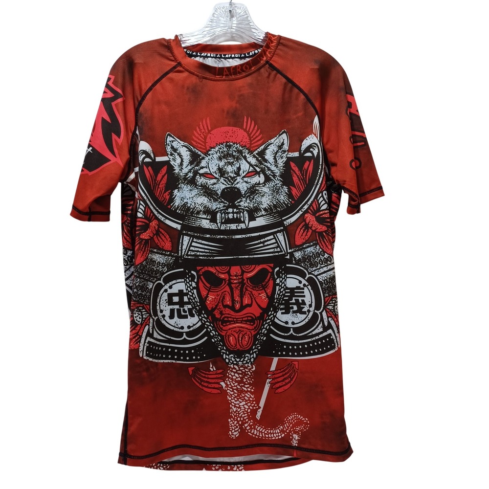 LAFROI Mens L Wolf Samurai Rash Guard Red BJJ MMA Short Sleeve Performance